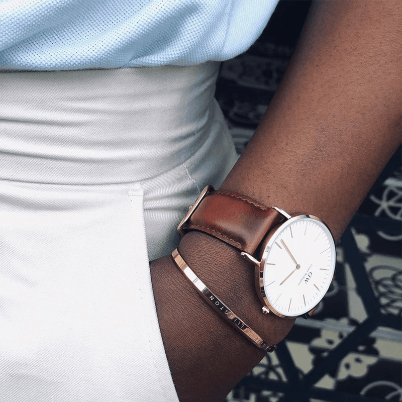 Elegant wristwatch with a white face and brown leather strap.