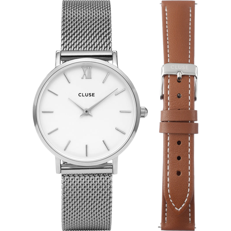 Cluse Minuit Silver Mesh & Brown Leather Strap Gift Set