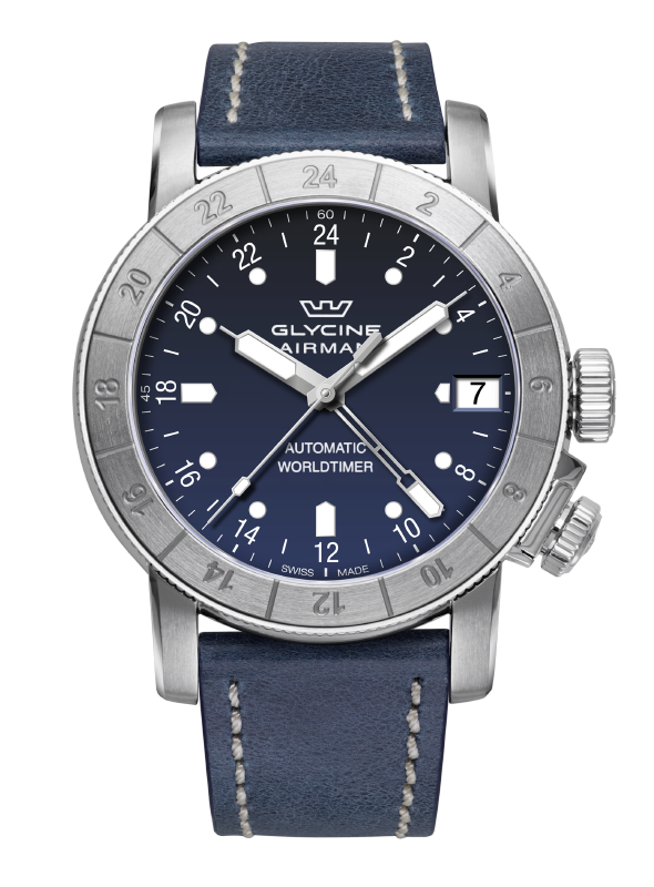Glycine Airman 46 GMT 蓝色皮革表带手表 GL0060