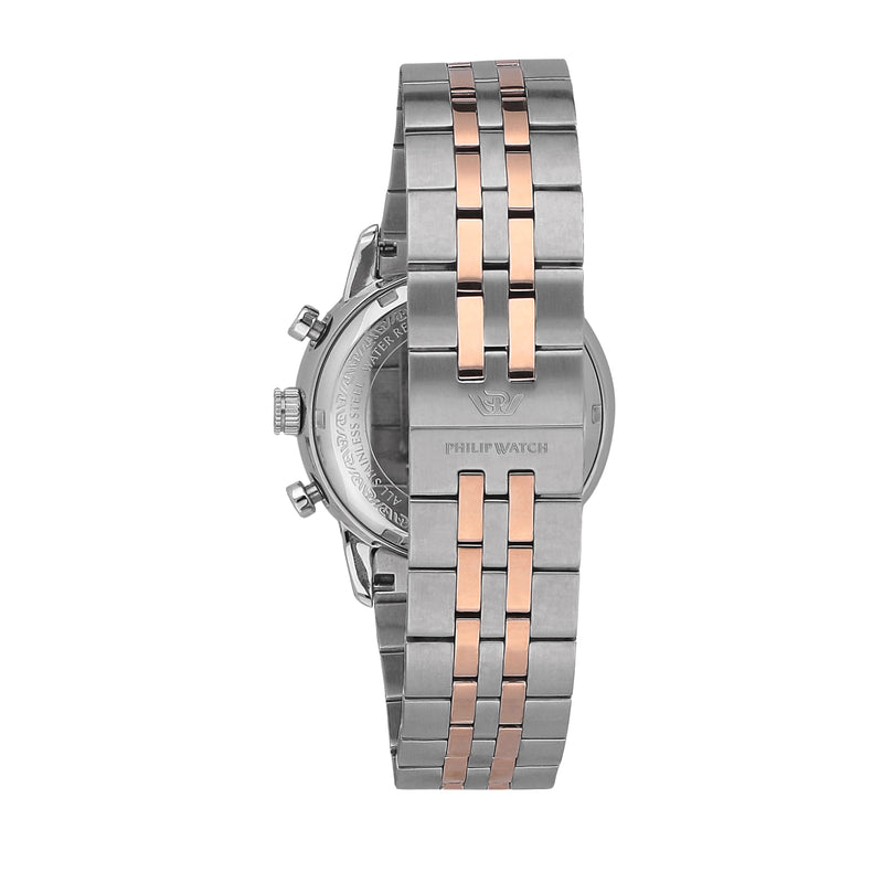 Two-tone metal watch bracelet with alternating silver and rose gold links.