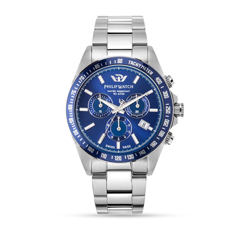 Stainless steel wristwatch with a blue dial and chronograph subdials.