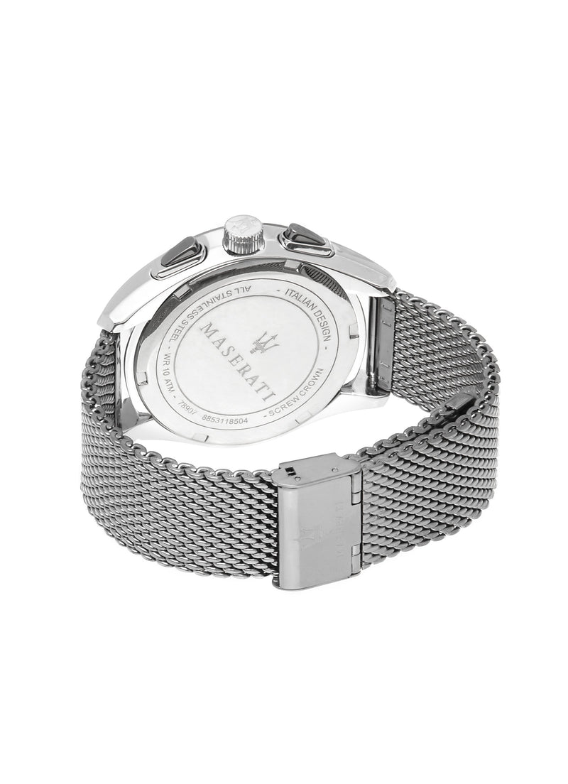 Stainless steel wristwatch with a mesh band and chronograph features.