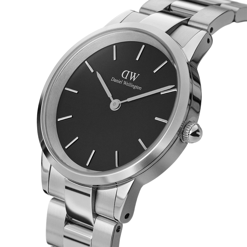 Sleek silver wristwatch with a black dial and minimalist design.