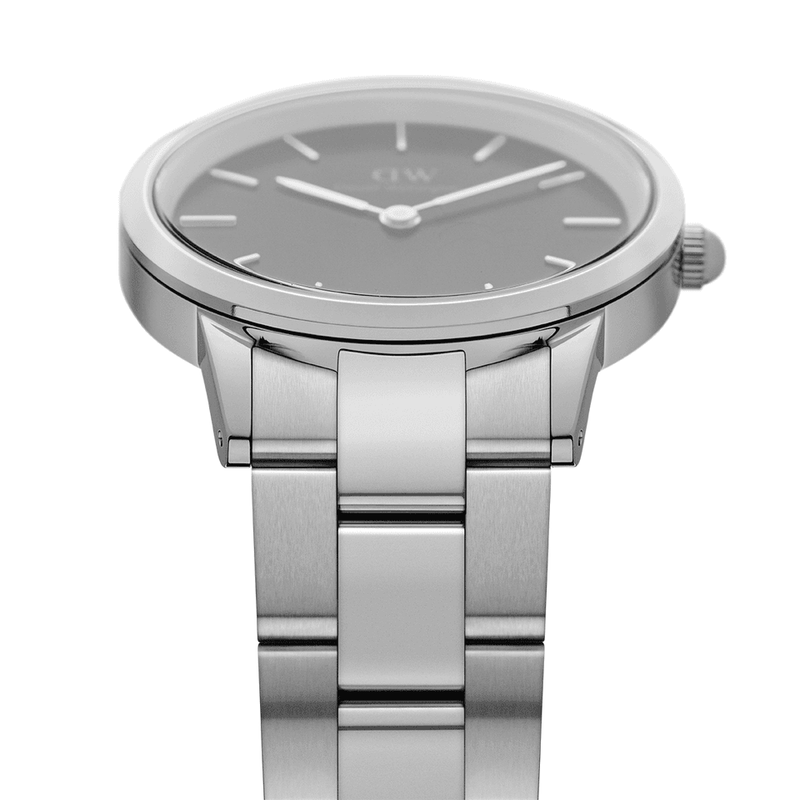 Sleek silver wristwatch with a minimalist gray dial and metal bracelet.