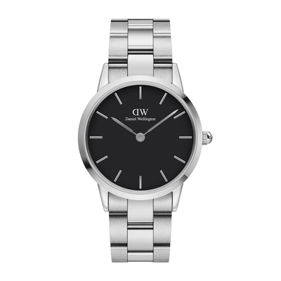 Sleek silver wristwatch with a black dial and ’DW’ branding.