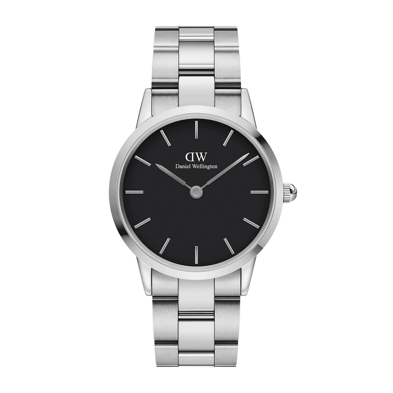 Sleek silver wristwatch with a black dial and ’DW’ branding.