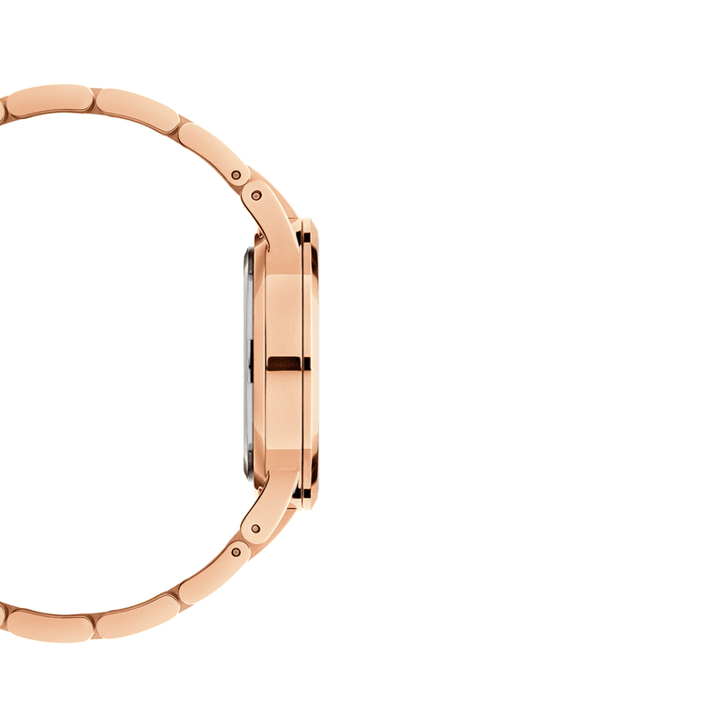 Rose gold wristwatch with a sleek metal band and minimalist round face.