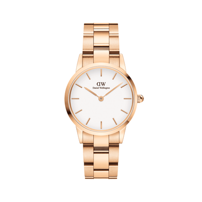 Rose gold wristwatch with a white face and metal link bracelet.