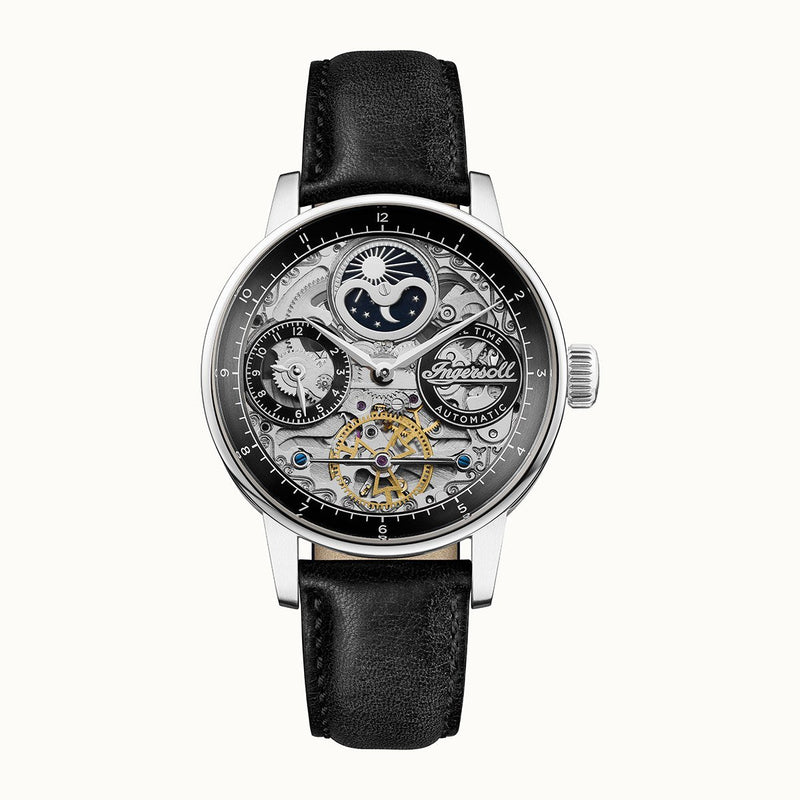 Luxury mechanical wristwatch with a skeleton dial and black leather strap.