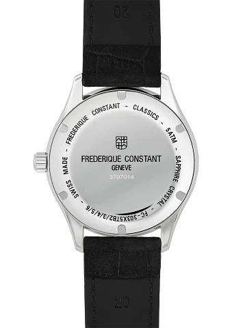 Wristwatch with a black leather strap and silver-toned case displaying the brand ’Frederique Constant’ on its back.