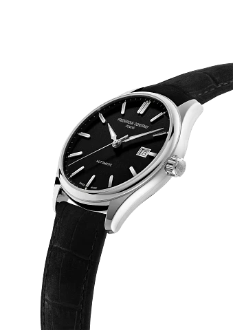 Wristwatch with a black leather strap and silver case featuring a black dial.