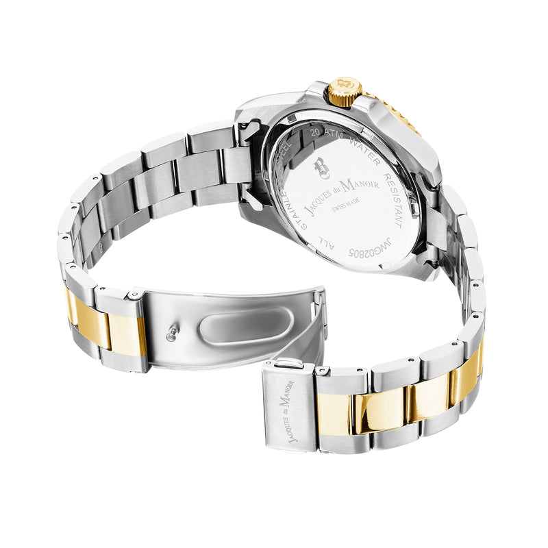 Luxury wristwatch with a two-tone metal bracelet and gold accents.