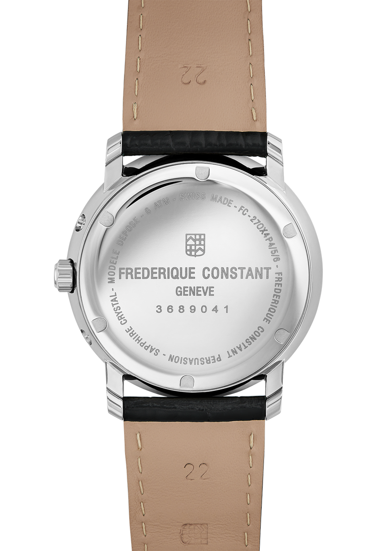 Back of a Frederique Constant wristwatch with a black leather strap.