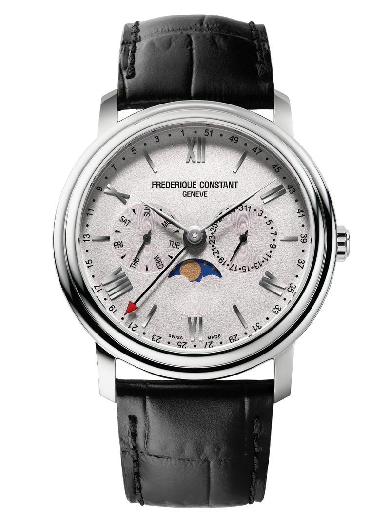 Luxury wristwatch with a white dial, multiple subdials, and a black leather strap.