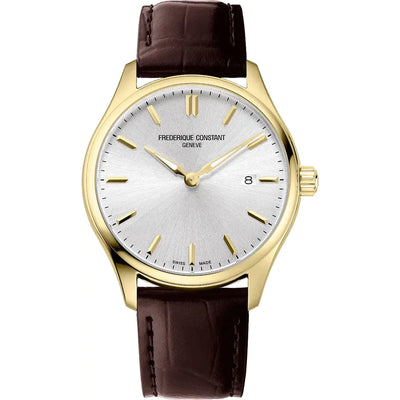 Gold-toned wristwatch with a white dial and brown leather strap.