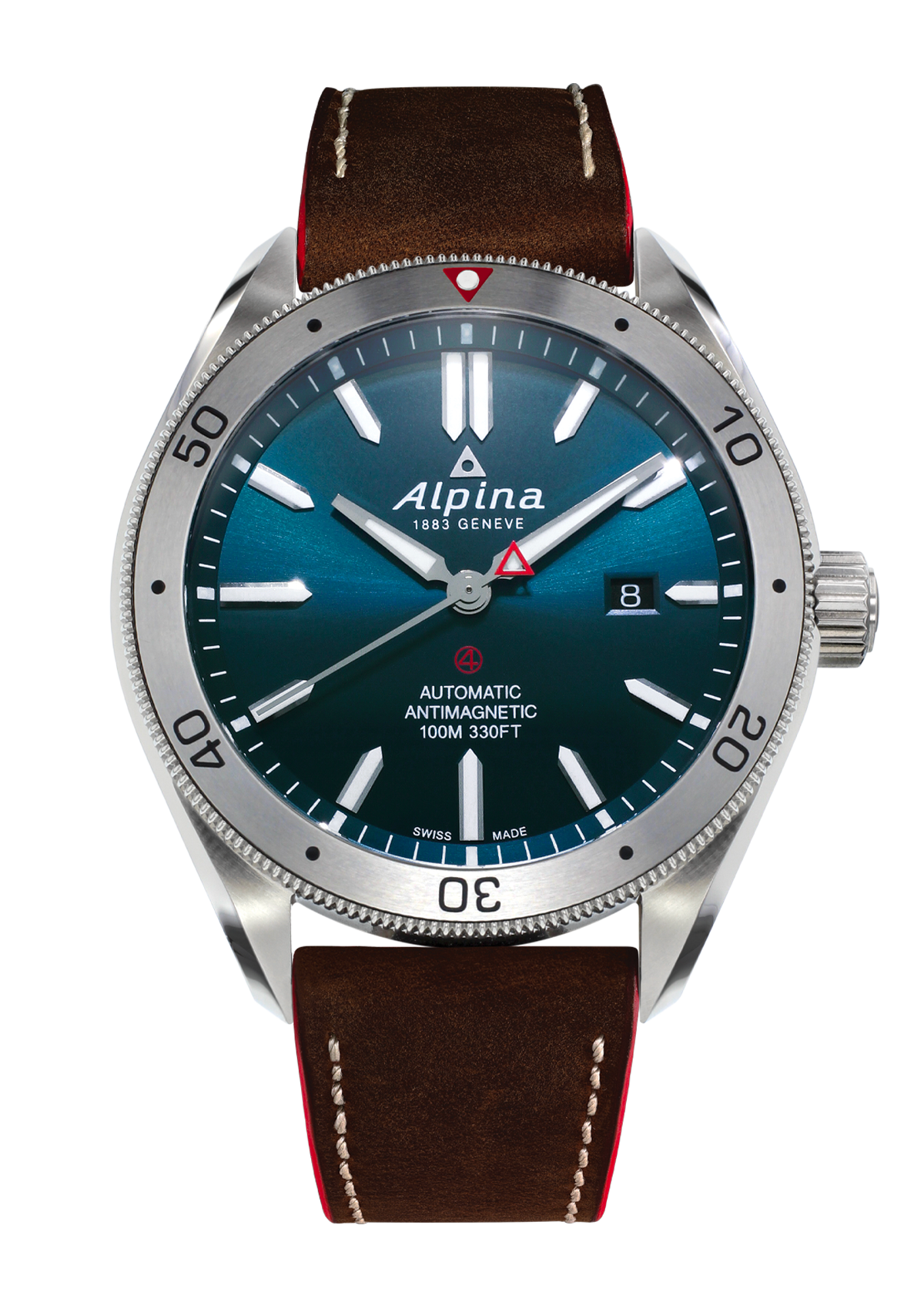 Alpina wristwatch with a teal dial and brown leather strap.