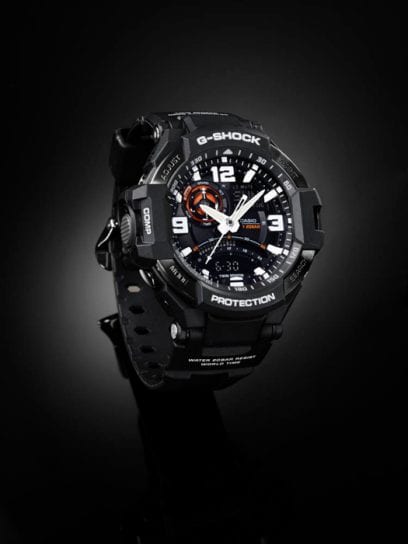 Rugged black G-Shock wristwatch with a prominent digital-analog display.