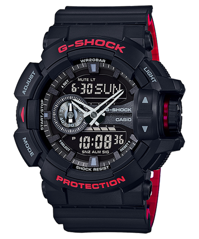 G-Shock watch with a black and red color scheme featuring both digital and analog displays.