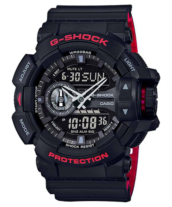 G-Shock watch with a black and red color scheme featuring both digital and analog displays.