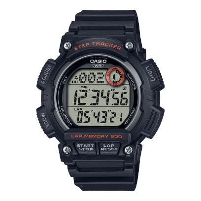 Digital sports watch with a black resin band and step tracker functionality.