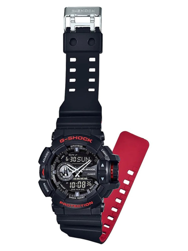 G-Shock digital watch with black and red color scheme and interchangeable straps.