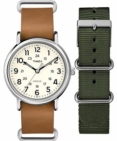 Timex Weekender White Dial 38mm Unisex Quartz Watch Brown Leather Nato  Indiglo | eBay