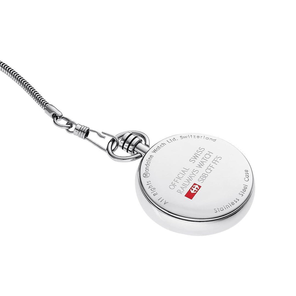 Silver circular pendant on a chain necklace with engraved text and a small red logo.
