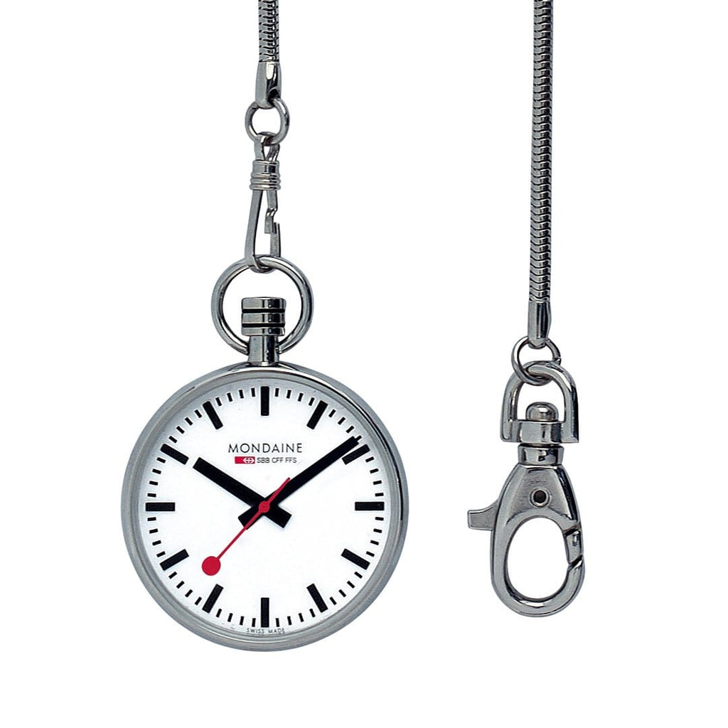 Pocket watch with a white face and red hands attached to a metal chain.