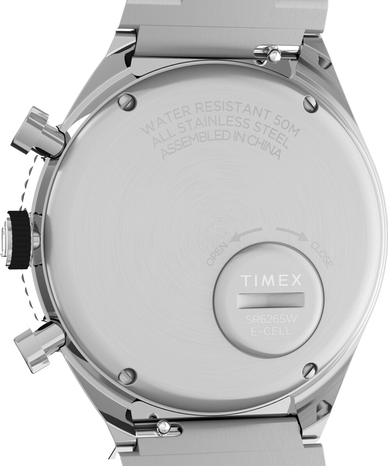 Back of a Timex watch case showing the brand name and various details.