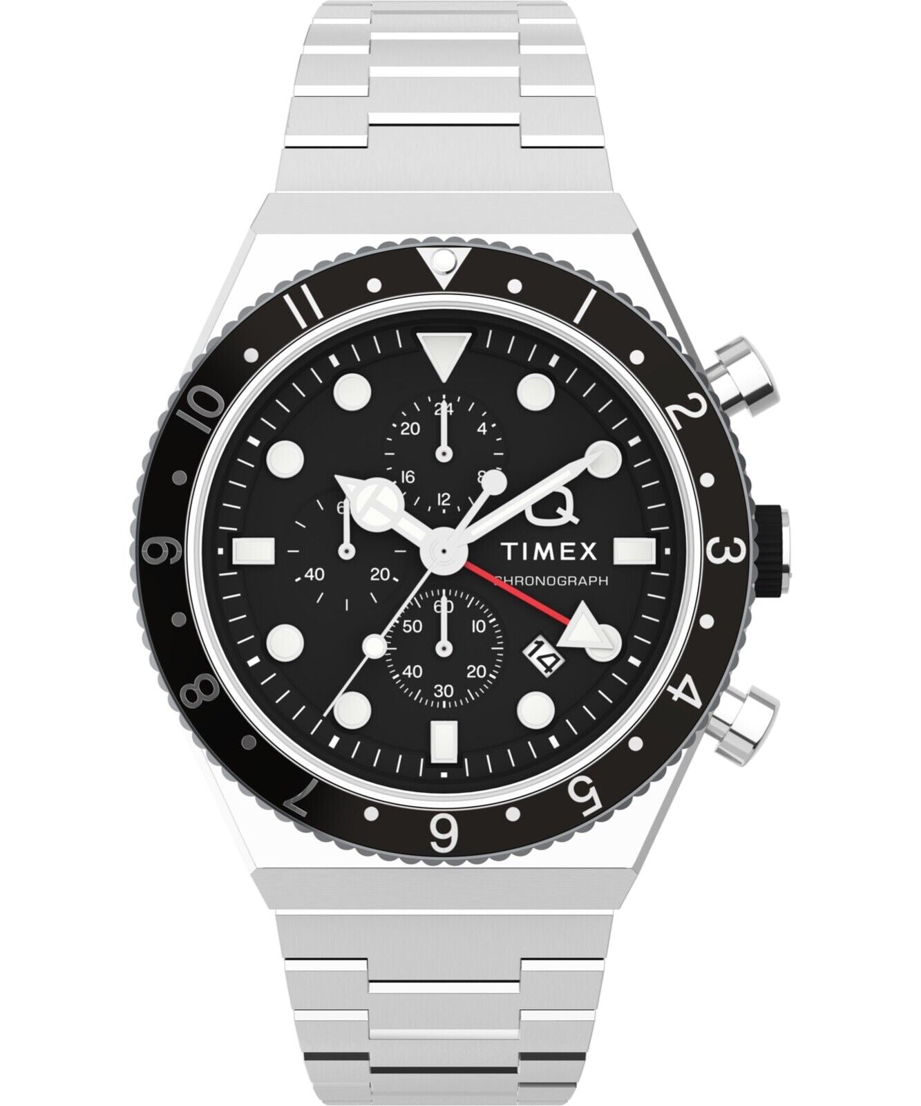 Timex wristwatch with a black dial, silver metal band, and rotating bezel.