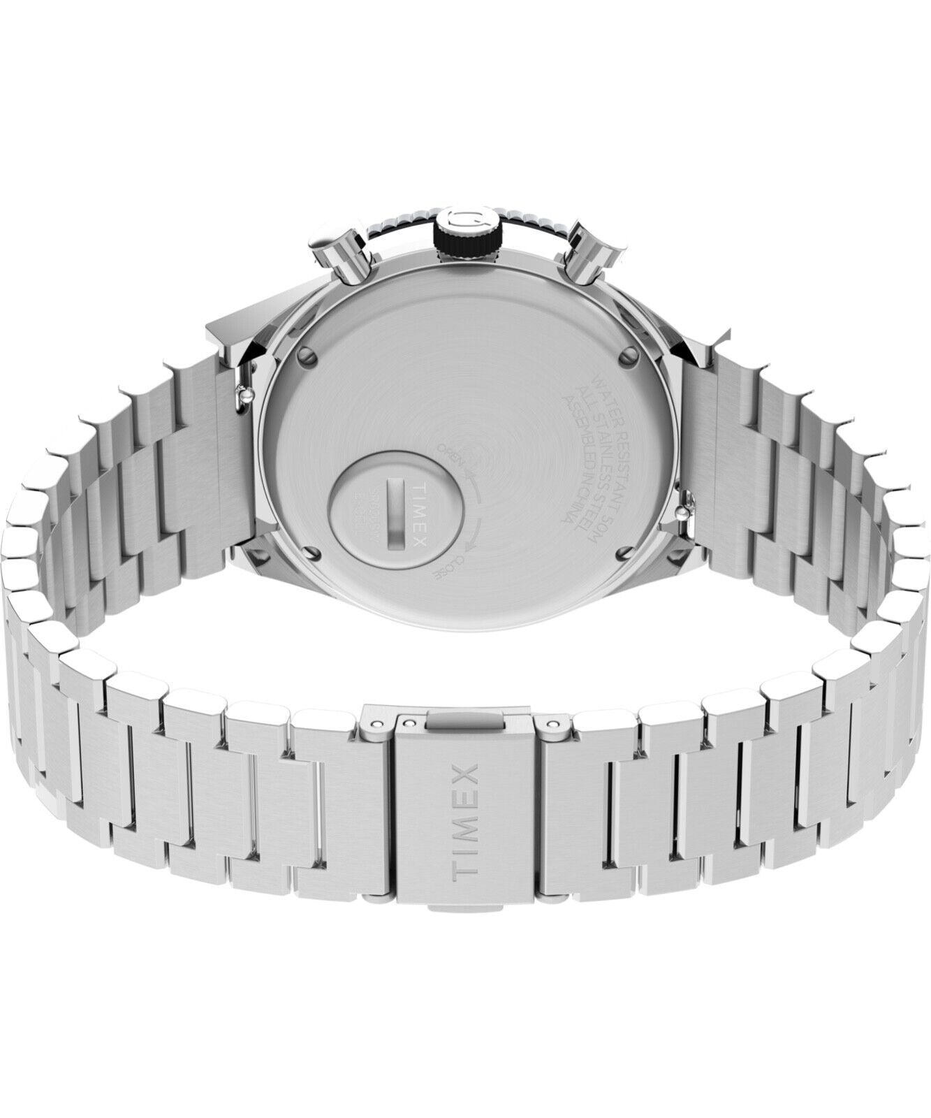 Stainless steel wristwatch with a chronograph face and metal link bracelet.