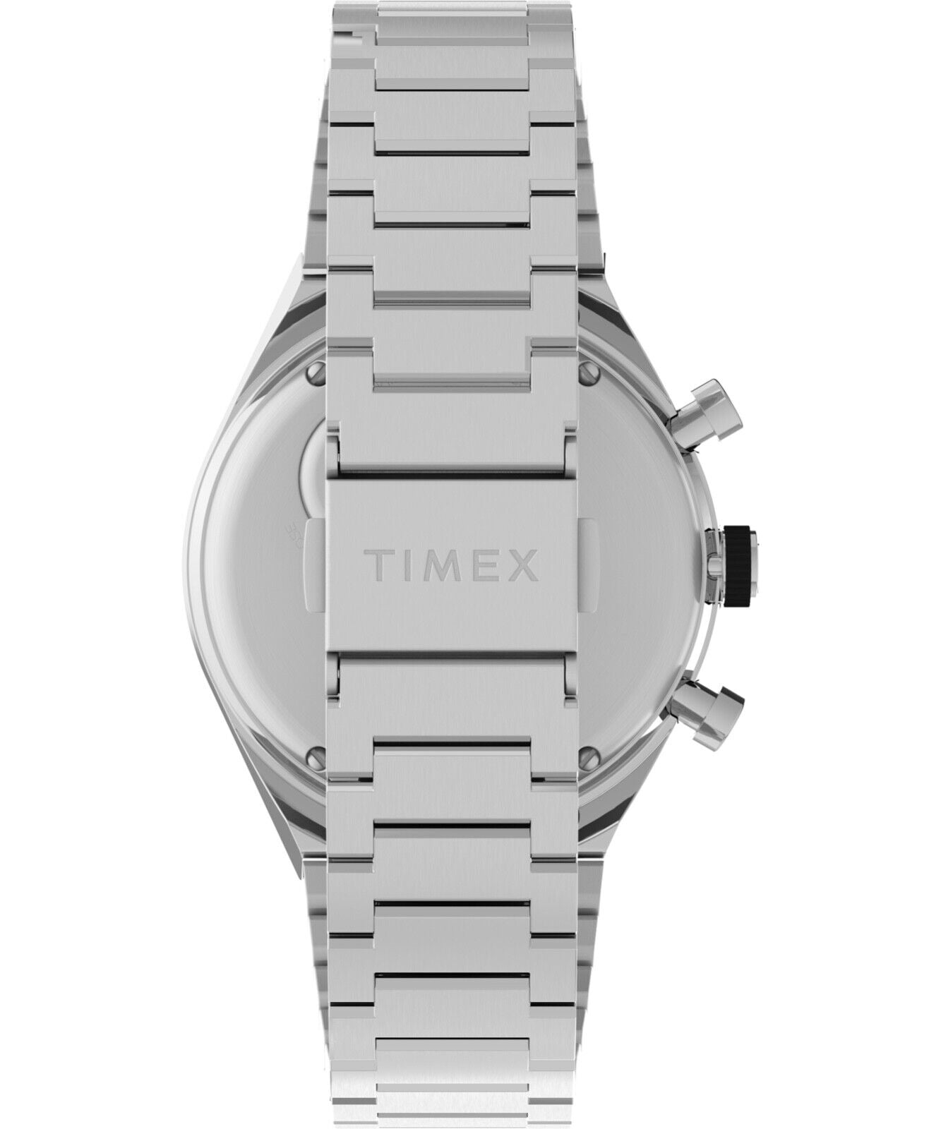Silver metal wristwatch with a Timex logo on the back.