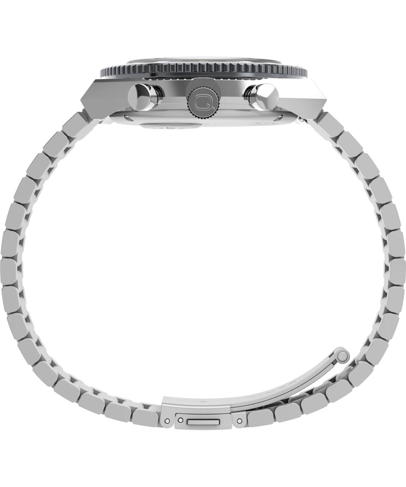 Silver wristwatch with a metal bracelet and prominent crown.