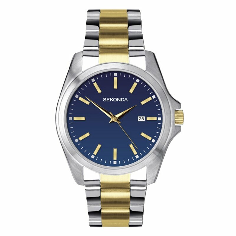 Wristwatch with a blue dial and two-tone silver and gold metal bracelet.