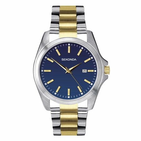 Wristwatch with a blue dial and two-tone silver and gold metal bracelet.