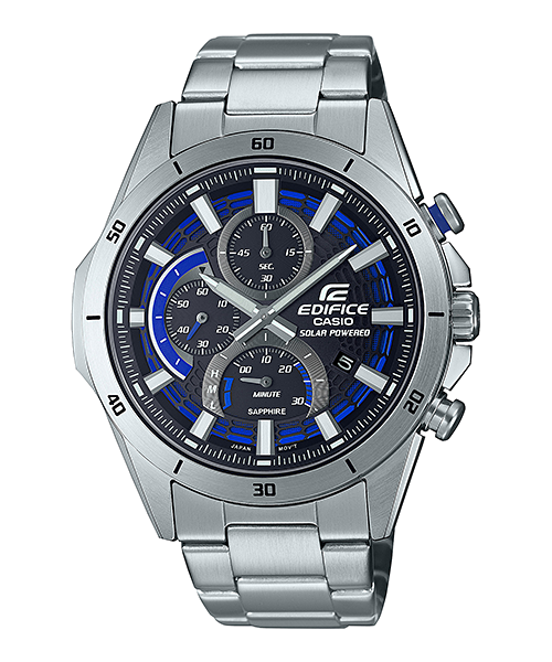 卡西欧 Edifice 黑色蓝色表盘计时金属表带手表 EFSS610D-1A