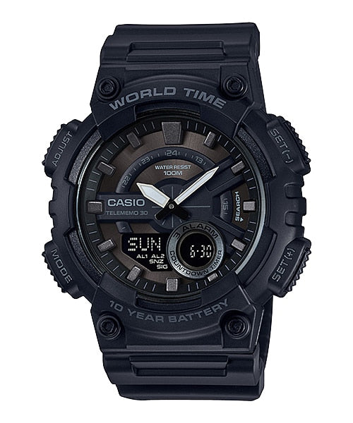 Rugged black Casio wristwatch with digital and analog displays.
