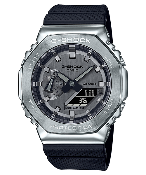 G-Shock wristwatch with a silver metallic bezel and black band.