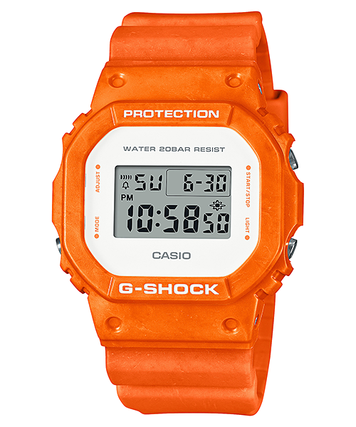 Bright orange G-Shock digital wristwatch with a square face and rugged design.