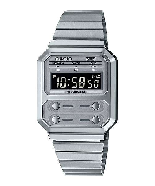 Silver Casio digital wristwatch with a rectangular face and metal band.