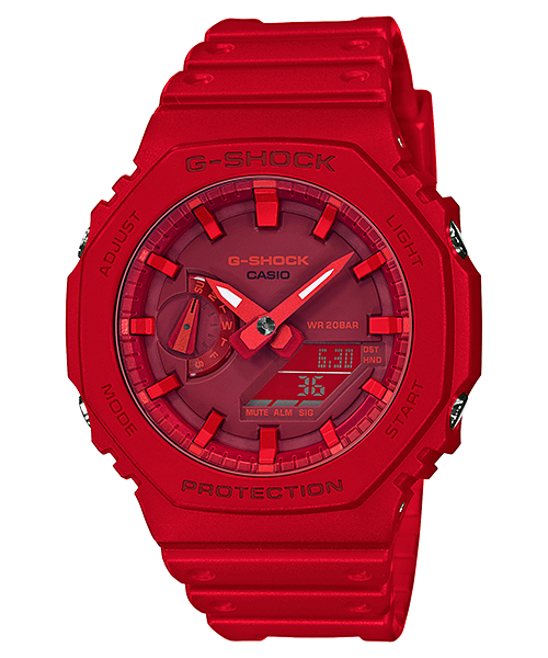 Red G-Shock digital wristwatch with analog hands and a chunky design.